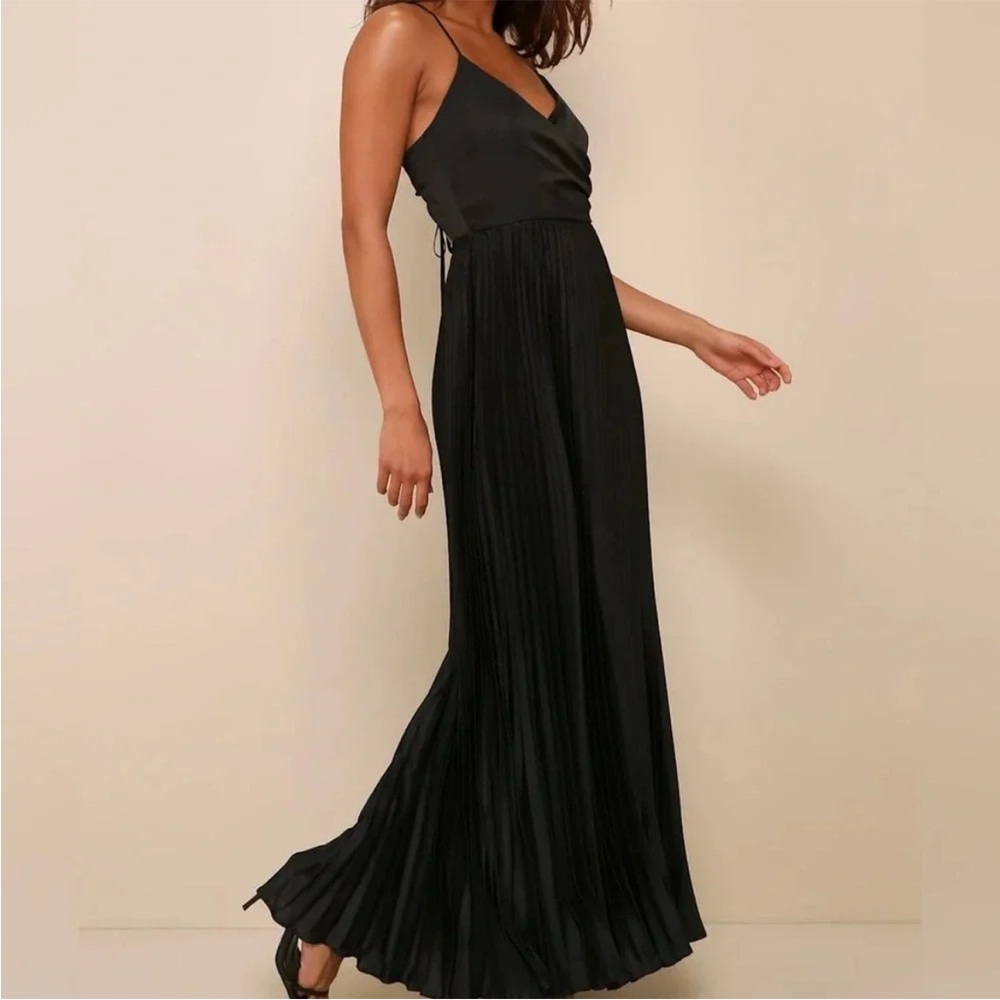 Precious Sentiments Black Satin Pleated Tie-Back Maxi Dress